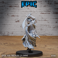 Rear view of a cloaked sword dancer, arm raised with a short sword overhead, robes and sash flowing outward, rope-tied belt with clustered pouches visible, on a plain round base. Sculpt by Epic Miniatures.