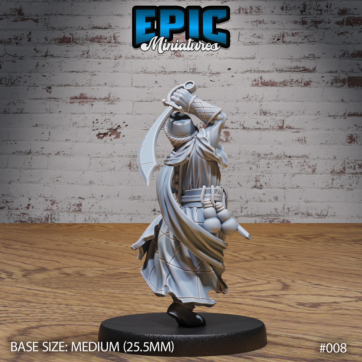 Rear view of a cloaked sword dancer, arm raised with a short sword overhead, robes and sash flowing outward, rope-tied belt with clustered pouches visible, on a plain round base. Sculpt by Epic Miniatures.