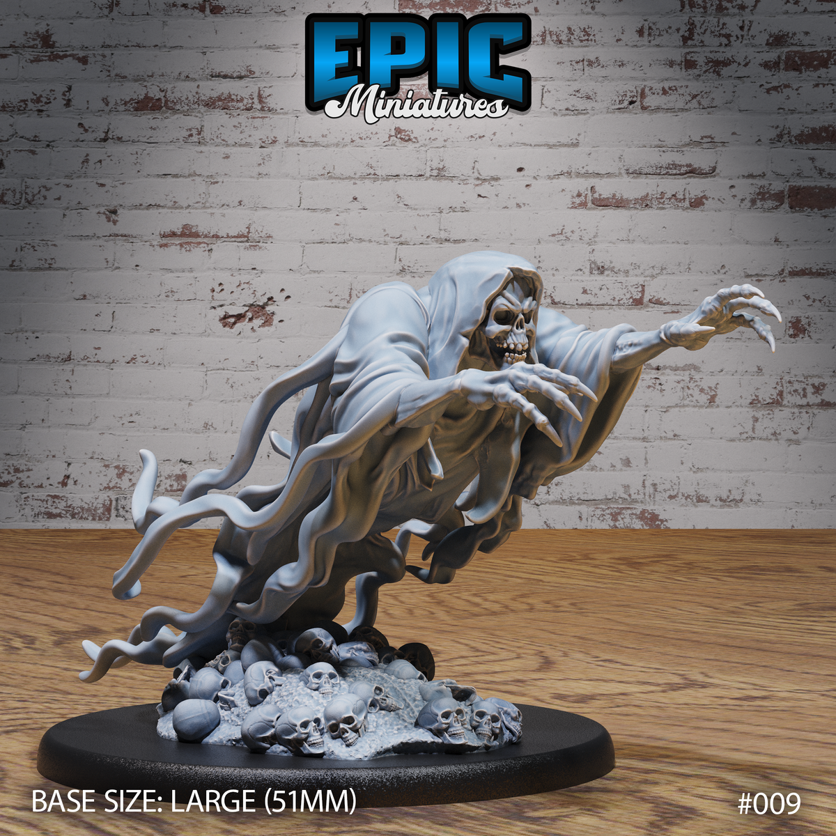 Skeletal wraith lunging forward, both arms outstretched with long talon-like claws, shrouded in billowing grave-cloth that trails into tentacle-like tendrils. Mounted on a dense mound of scattered skulls. Sculpt by Epic Miniatures.