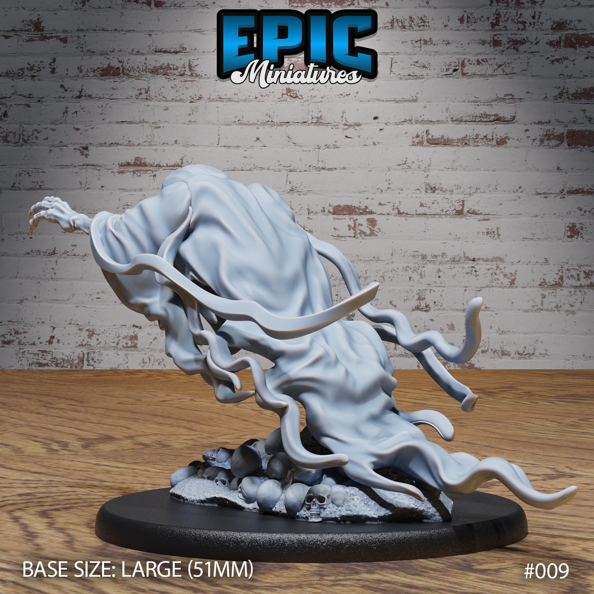 Wraith miniature viewed from behind and above, showing the broad sweep of the billowing shroud as it fans outward, with one clawed hand visible reaching to the left. Skull-covered scenic base visible beneath. Sculpt by Epic Miniatures.