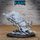 Wraith miniature viewed from behind and above, showing the broad sweep of the billowing shroud as it fans outward, with one clawed hand visible reaching to the left. Skull-covered scenic base visible beneath. Sculpt by Epic Miniatures.