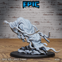 Wraith miniature viewed from behind and above, showing the broad sweep of the billowing shroud as it fans outward, with one clawed hand visible reaching to the left. Skull-covered scenic base visible beneath. Sculpt by Epic Miniatures.
