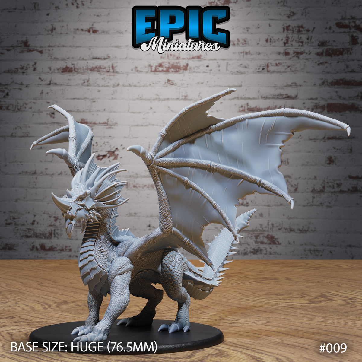 Adult blue dragon rearing upright on haunches, wings fully spread, head lowered forward with open jaws and swept-back horns. Heavy dorsal spines, scaled chest, clawed feet on a large round base. Sculpt by Epic Miniatures.