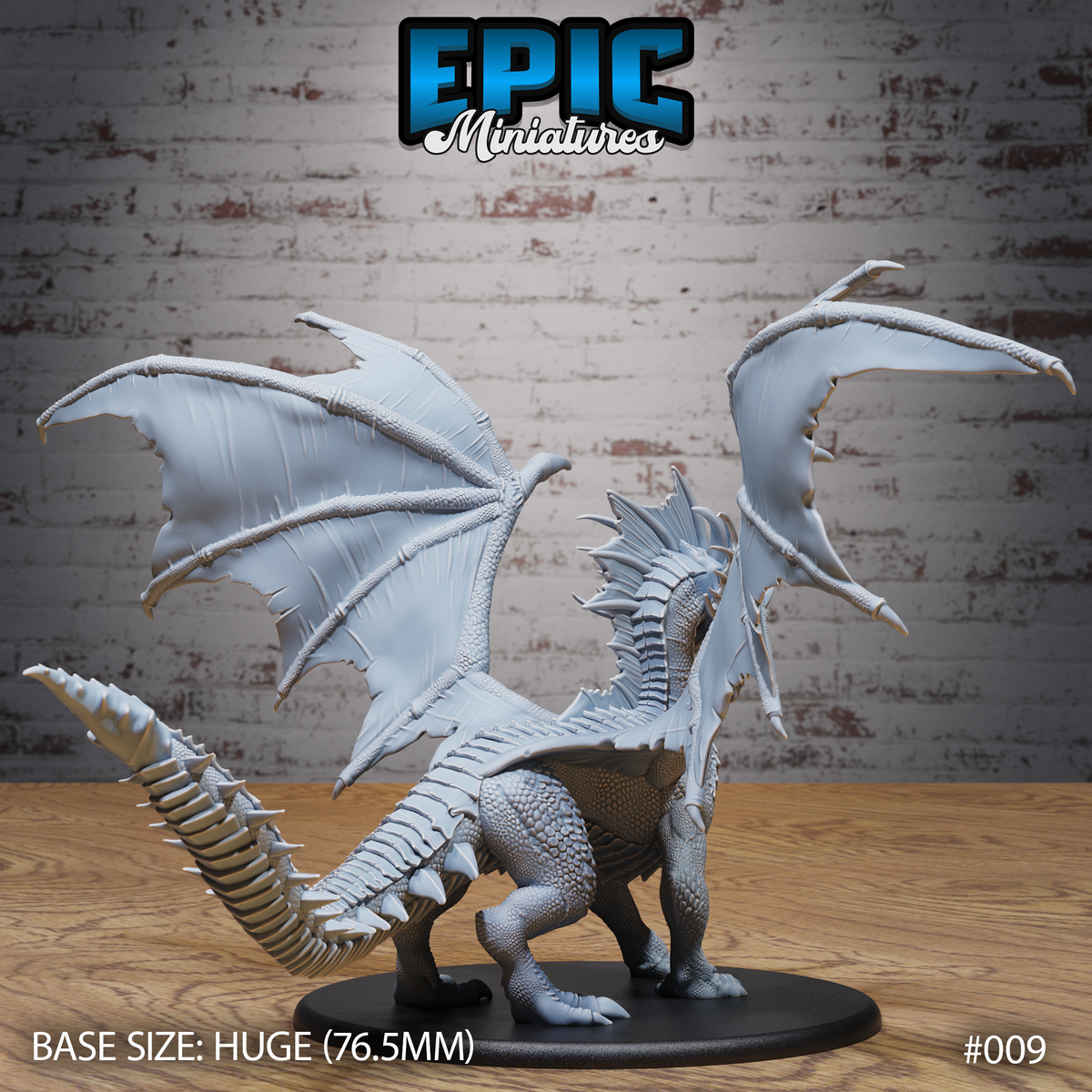 Adult blue dragon leaning forward aggressively, both wings extended wide showing ribbed bone struts and ragged membrane edges. Spiked tail sweeps left, dorsal spine ridge prominent along the back. Sculpt by Epic Miniatures.