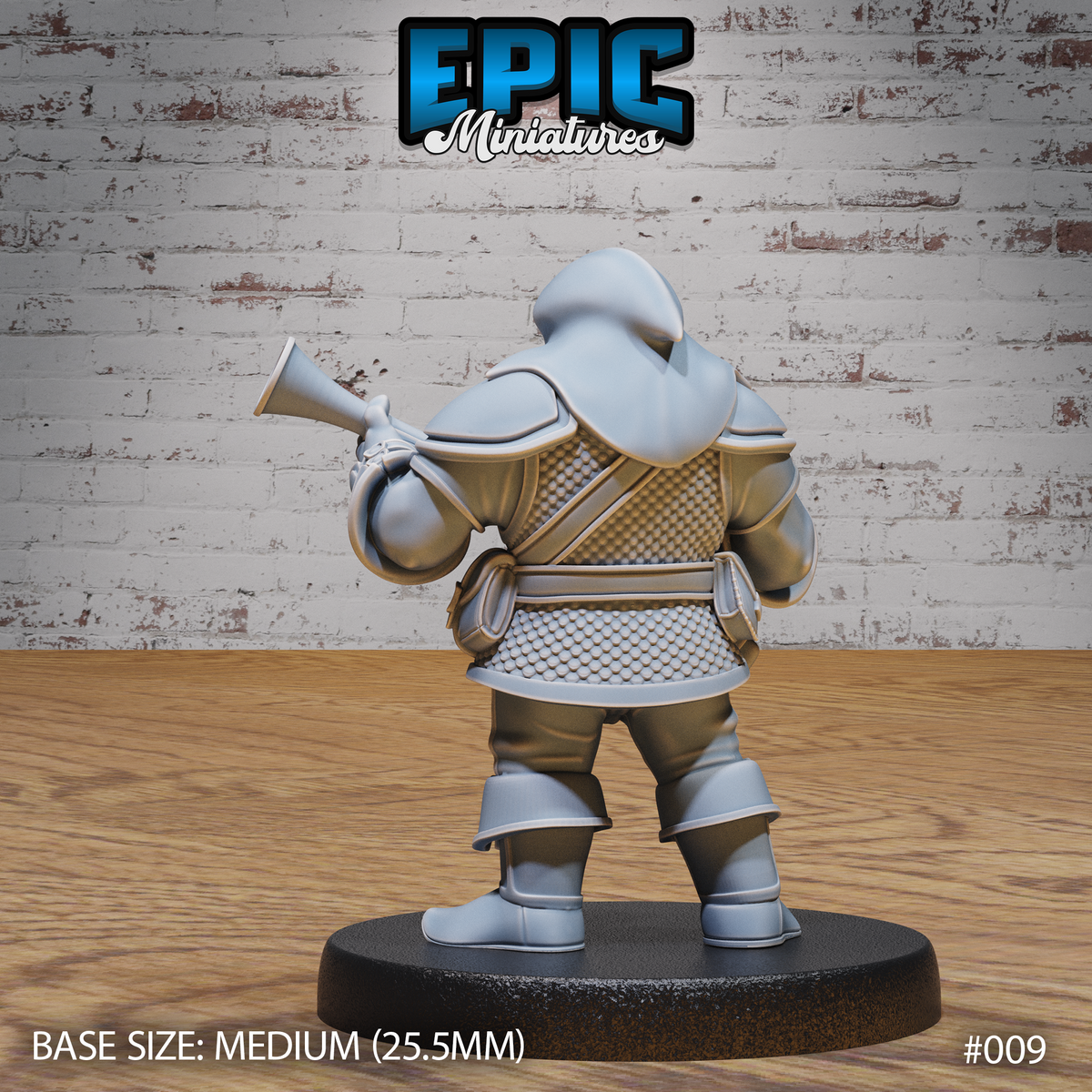 Dwarf musketeer seen from behind, showing textured scale mail across the back and midriff, padded shoulders, belt pouches, and the flared muzzle of a blunderbuss raised over one shoulder. Sculpt by Epic Miniatures.
