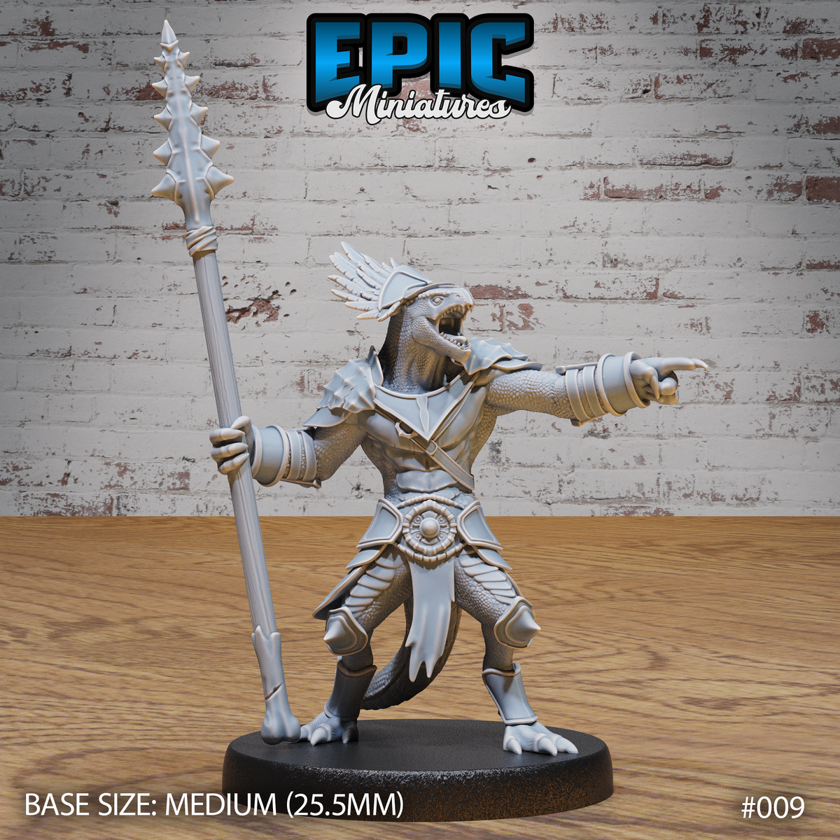 Lizardfolk warrior in a wide aggressive stance, snarling open-jawed, holding a tall spiked polearm in one hand and pointing forward with the other. Feathered crest, scaled armour with ornate belt medallion. Sculpt by Epic Miniatures.