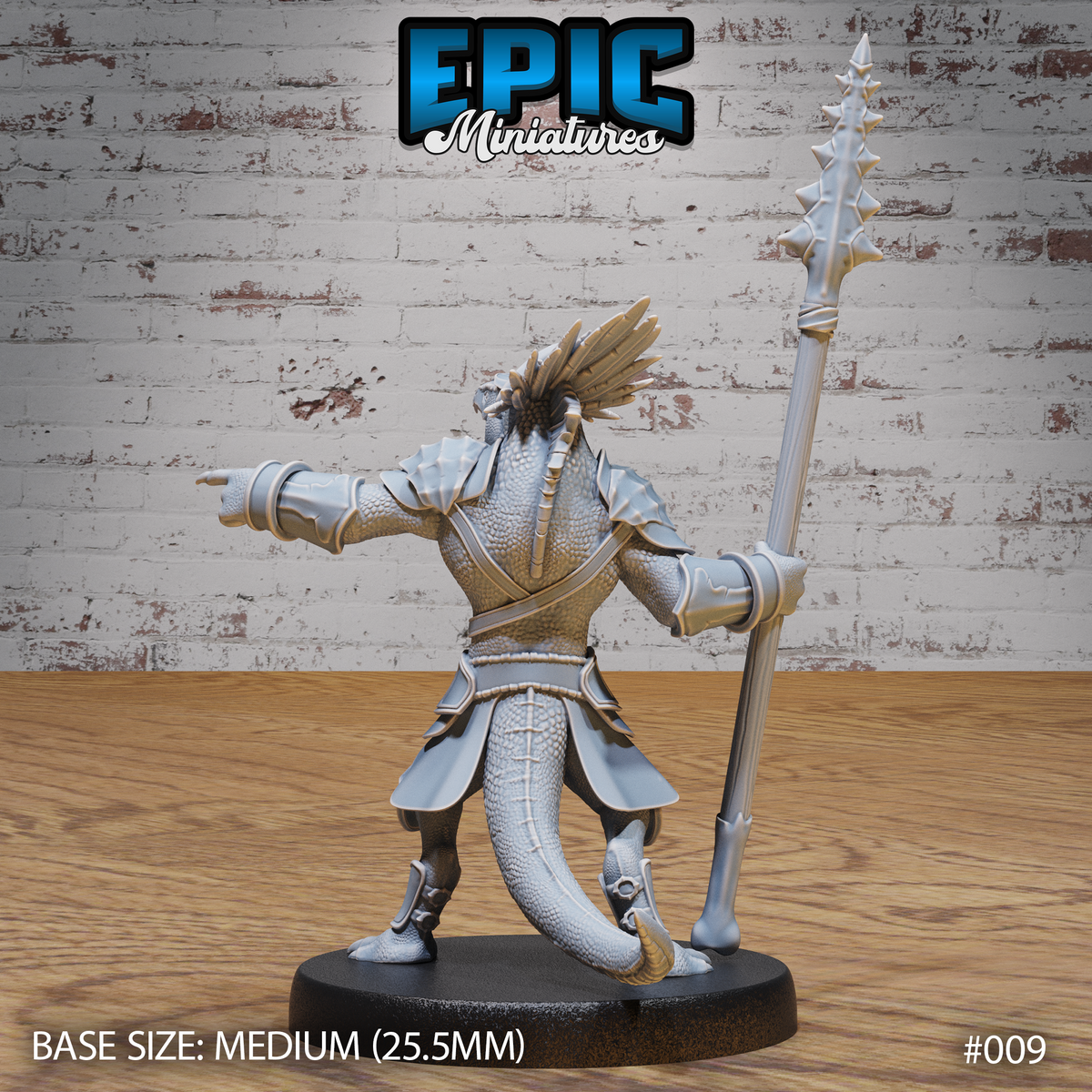 Lizardfolk warrior viewed from behind, revealing a long muscular tail sweeping low, detailed back scales, layered pauldrons and bracers, feathered crest fanning from the crown. Spiked polearm raised at the side. Sculpt by Epic Miniatures.
