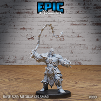 Muscular orc warrior swinging a long spiked chain whip overhead, wearing a skull-emblazoned chest plate, heavy gauntlets, and armoured skirt, standing on a round base. Sculpt by Epic Miniatures.