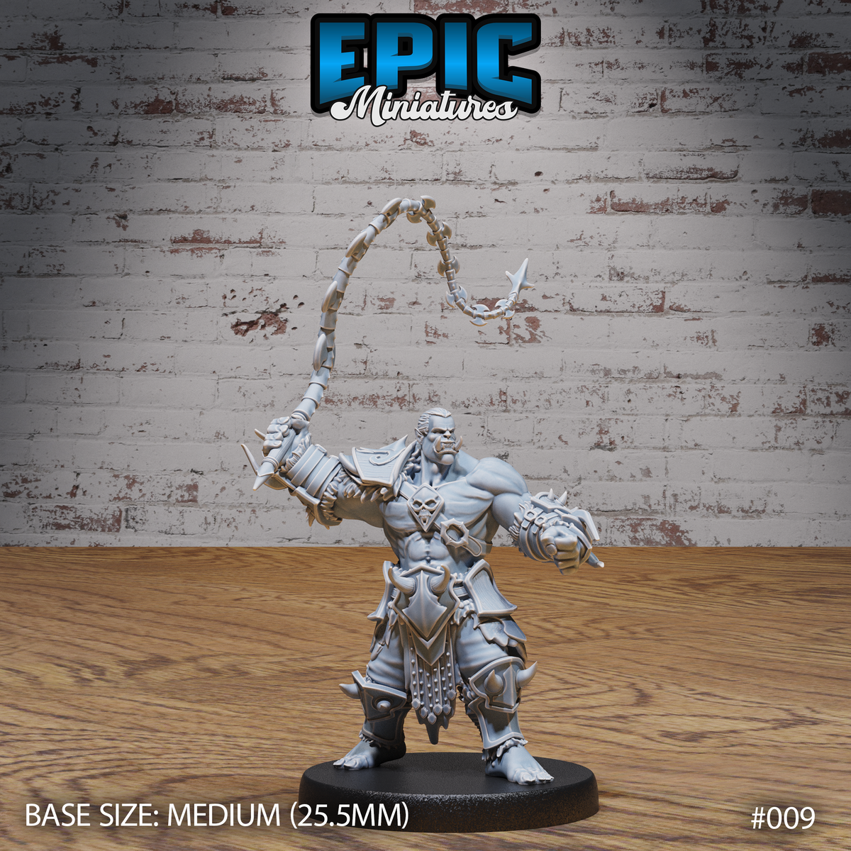 Muscular orc warrior swinging a long spiked chain whip overhead, wearing a skull-emblazoned chest plate, heavy gauntlets, and armoured skirt, standing on a round base. Sculpt by Epic Miniatures.
