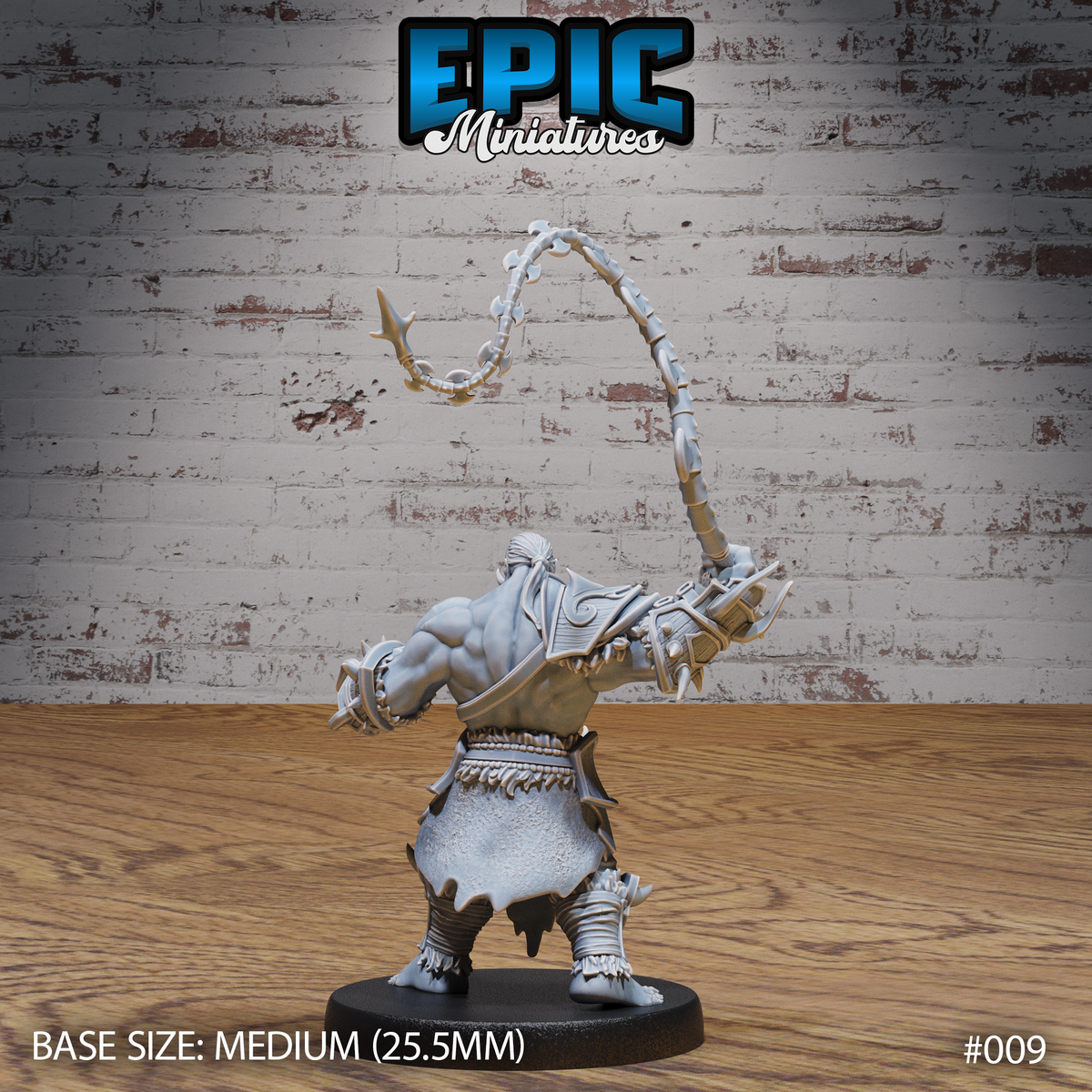Orc warrior seen from behind mid-swing, the spiked chain whip arcing high, revealing detailed back armour, layered pauldrons, and bound lower-leg wrappings. Sculpt by Epic Miniatures.