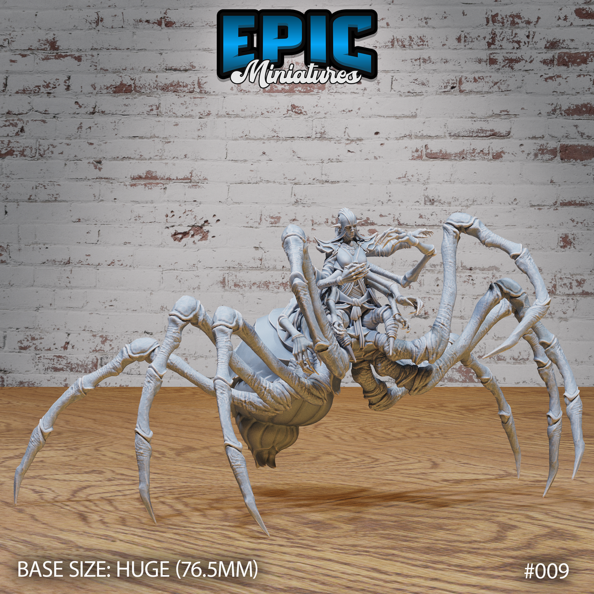 Spider Elf Goddess Victim by Epic Miniatures — elven torso with outstretched arms rising from a giant spider body, eight long pointed legs spread wide, wearing layered robes and jewellery, on a 76.5mm base.