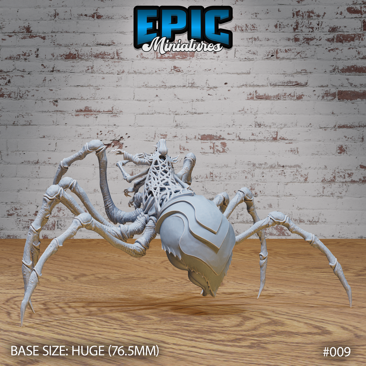 Spider Elf Goddess Victim by Epic Miniatures — rear view showing intricate web-lattice headdress framing the elven head, heavily ridged spider abdomen with overlapping armour plates, and raised forelegs with claw tips.