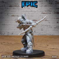 Hunter miniature in a crouched draw stance, longbow raised and cheek pressed to the string, wearing a quilted gambeson, traveller's boots, and carrying a full quiver across his back. Short blade at hip. Sculpt by Epic Miniatures.
