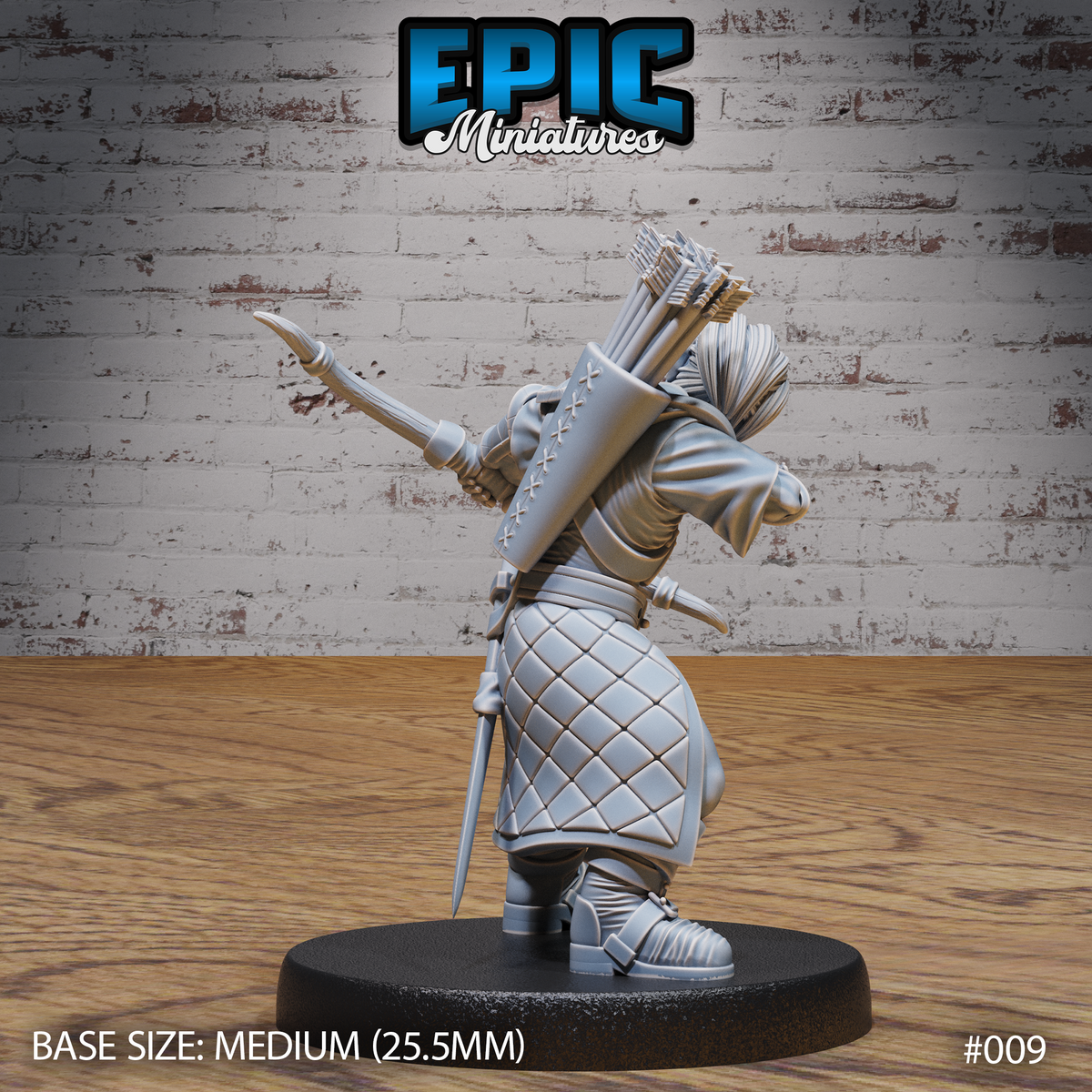 Hunter miniature viewed from behind, showing a heavily stocked arrow quiver with individually sculpted fletched arrows, quilted diamond-pattern armour across the back, a cloak over one shoulder, and a short blade tucked at the hip. Sculpt by Epic Miniatures.