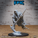 Robed skeletal wraith lunging forward with a large ornate scythe angled low, tattered robes unravelling into spectral tendrils at the base. Sculpt by Epic Miniatures.