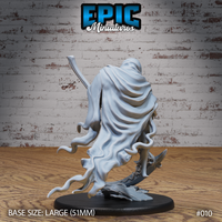 Rear of a hooded skeletal wraith, showing billowing layered robes with deeply sculpted fabric folds dissolving into curling tendrils, scythe shaft visible above. Sculpt by Epic Miniatures.