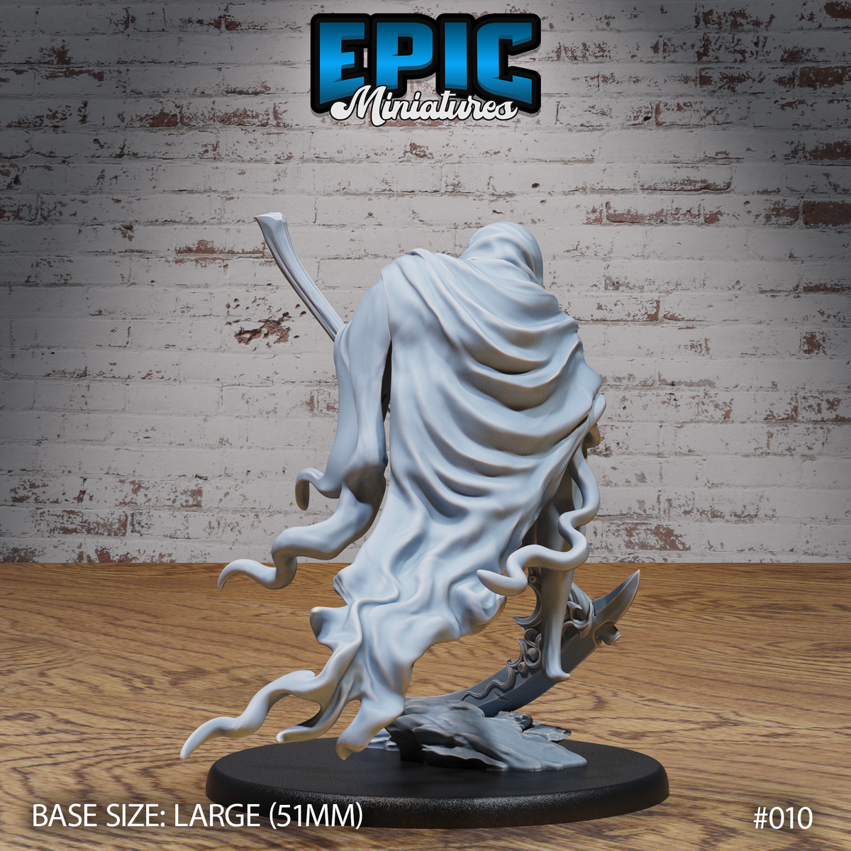 Rear of a hooded skeletal wraith, showing billowing layered robes with deeply sculpted fabric folds dissolving into curling tendrils, scythe shaft visible above. Sculpt by Epic Miniatures.