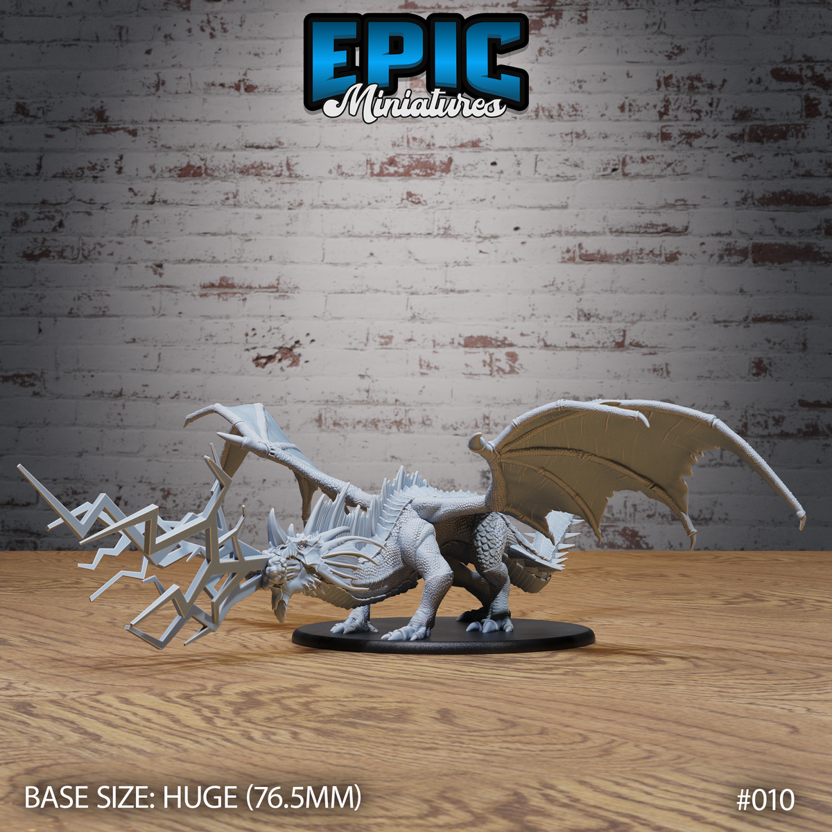 Adult blue dragon resin sculpt in a low crouching stance, wings spread wide, head lowered with a forked lightning breath element surging forward from open jaws. Mounted on a 76.5mm round base. Sculpt by Epic Miniatures.