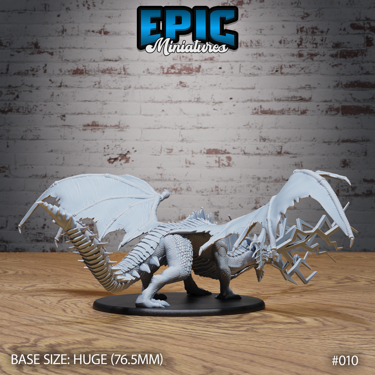 Adult blue dragon sculpt viewed from the rear quarter, showing broad outstretched wings with detailed membrane texture, ridged dorsal spines, sweeping tail, and a forked lightning breath element extending forward. Sculpt by Epic Miniatures.