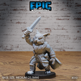 Bearded cat-folk warrior raising a shortsword overhead in both hands, wearing layered padded armour with a belted coat, snarling feline face with pinned ears, on a plain round base. Sculpt by Epic Miniatures.