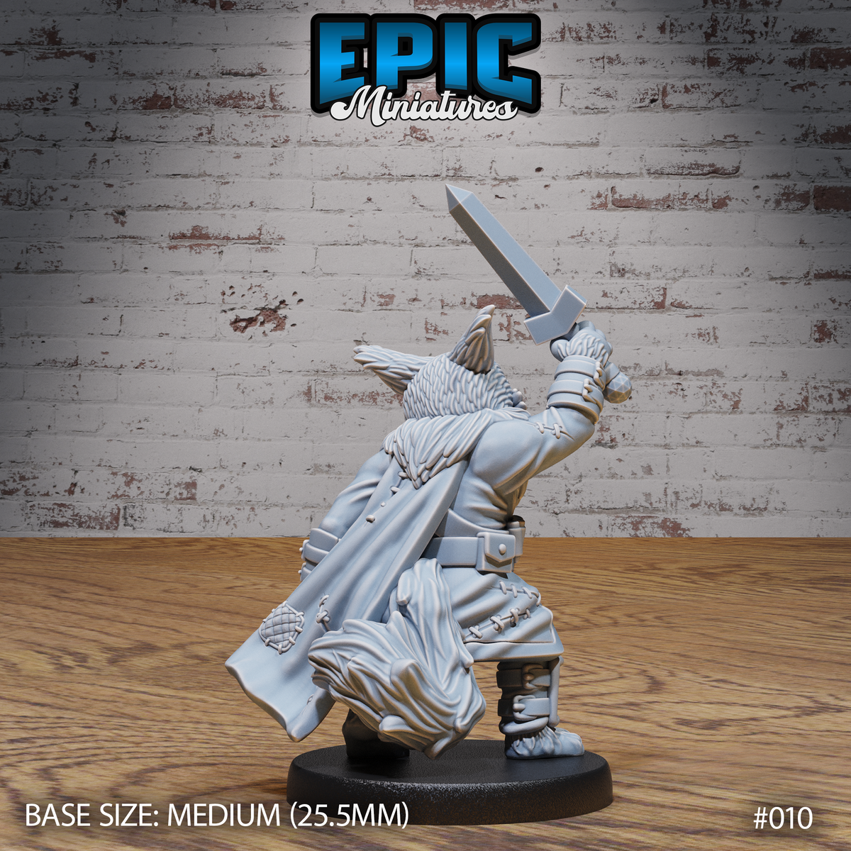 Cat-folk warrior seen from behind with sword thrust high, a heavy billowing cloak falling to the knees over belted layered armour, fur-textured shoulders and pointed ears visible above the collar. Sculpt by Epic Miniatures.