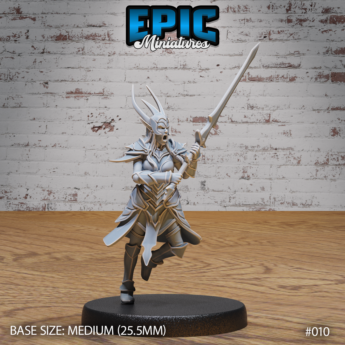 Female dark elf warrior mid-charge, screaming battle cry, thrusting a longsword upward with both hands. Horned helm, layered angular armour, long coat, raised knee. Epic Miniatures sculpt.