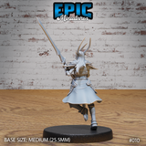 Female dark elf warrior seen from behind, longsword raised diagonally overhead, hair fanning out mid-stride. Detailed back armour, flared armoured coat, knee-high boots. Epic Miniatures sculpt.