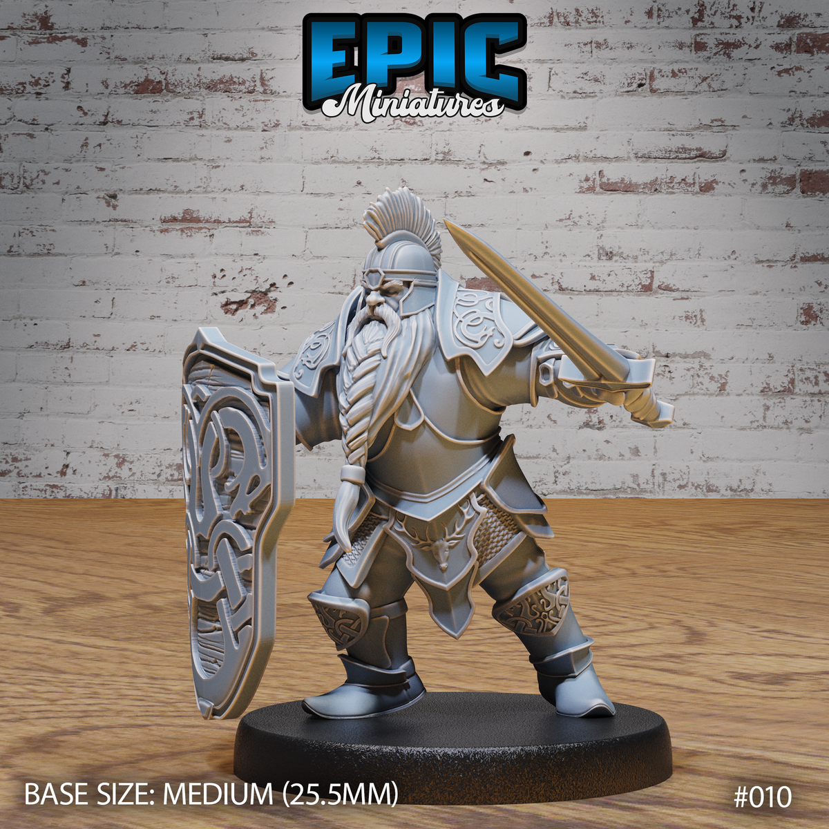 Stocky dwarf warrior in layered plate armour, sword levelled forward and broad knotwork shield raised, wearing a crested Corinthian helm and long braided beard. Sculpt by Epic Miniatures.
