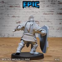 Dwarf soldier in full plate armour seen from behind, knotwork detail on pauldrons and a chainmail skirt visible, shield arm extended and one fist raised. Sculpt by Epic Miniatures.