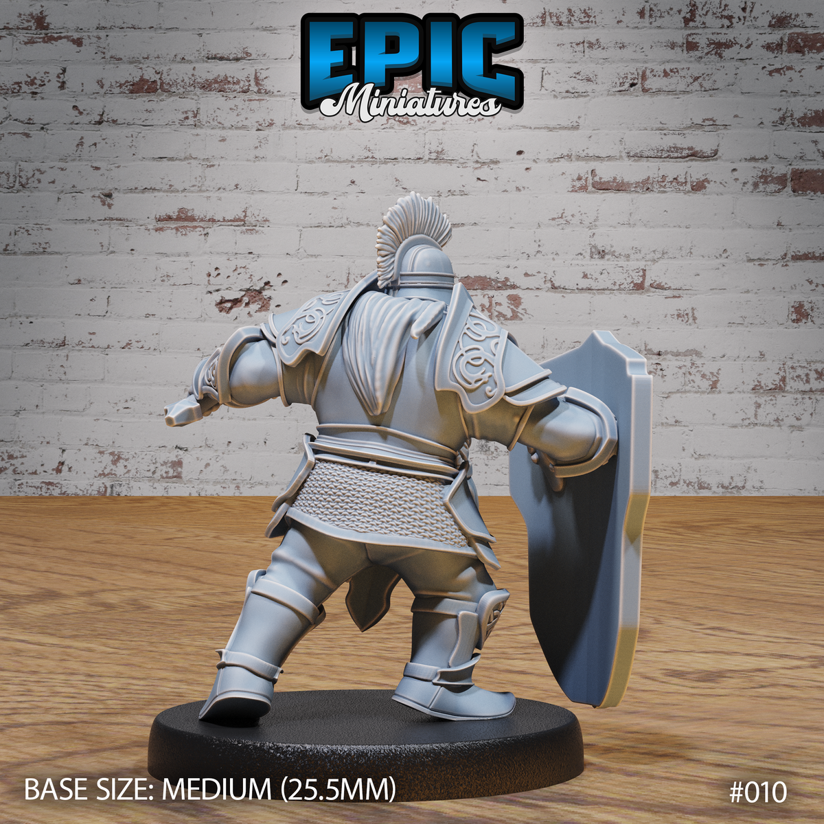 Dwarf soldier in full plate armour seen from behind, knotwork detail on pauldrons and a chainmail skirt visible, shield arm extended and one fist raised. Sculpt by Epic Miniatures.