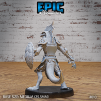 Lizardfolk warrior seen from behind, showing a long scaled tail curling low, tortoiseshell shield visible from the back, spiked shoulder guards and layered back armour, clawed feet planted wide. Sculpt by Epic Miniatures.