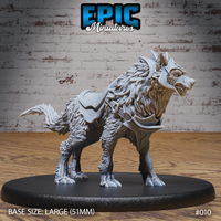 Heavily built war wolf snarling with jaws wide open, wearing a fitted saddle, chest straps and shoulder armour plates, thick layered fur across the body, clawed paws, mounted on a large oval base. Sculpt by Epic Miniatures.