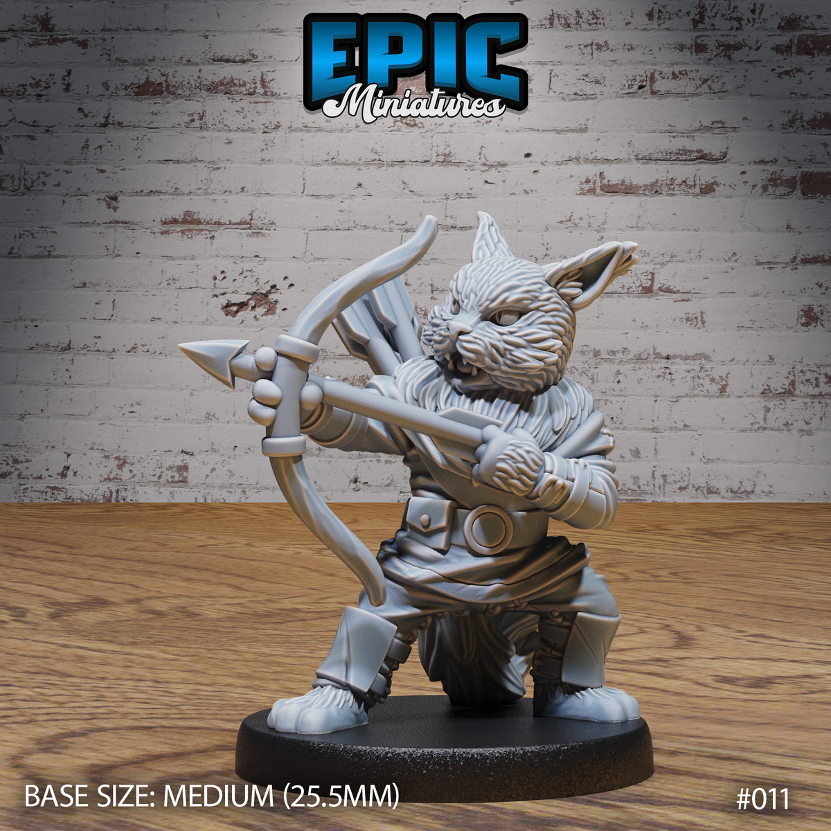 Stocky catfolk archer in a low braced stance, shortbow drawn with a barbed arrow levelled, wearing a belted tunic, wrapped trousers, and a laced leather bracer. Sculpt by Epic Miniatures.