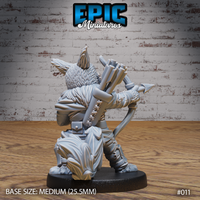 Catfolk archer seen from behind, revealing a full quiver of bundled arrows over one shoulder, dense fur texture across the head and back, laced leather bracer on the bow arm. Sculpt by Epic Miniatures.