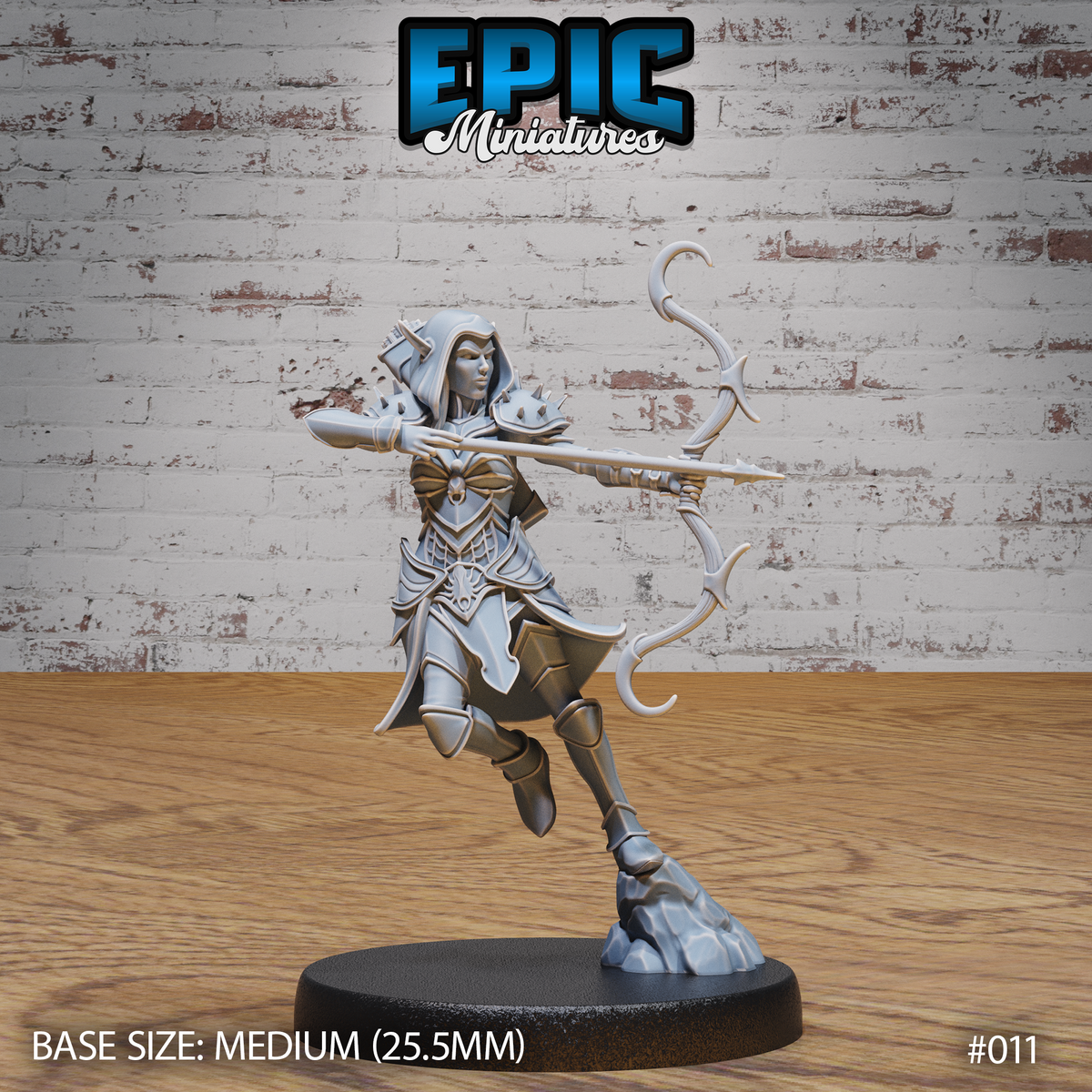 Dark elf archer in ornate spiked armour and hood, mid-stride with one knee raised, drawing a curved bow with decorative limb tips. Sculpt by Epic Miniatures.