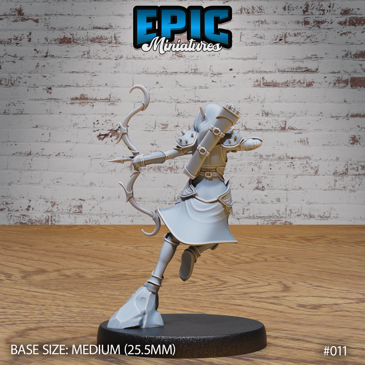 Dark elf archer seen from behind, bow at full draw, hooded cloak billowing, armoured back and quiver visible, posed on a rocky sculpted base. Sculpt by Epic Miniatures.