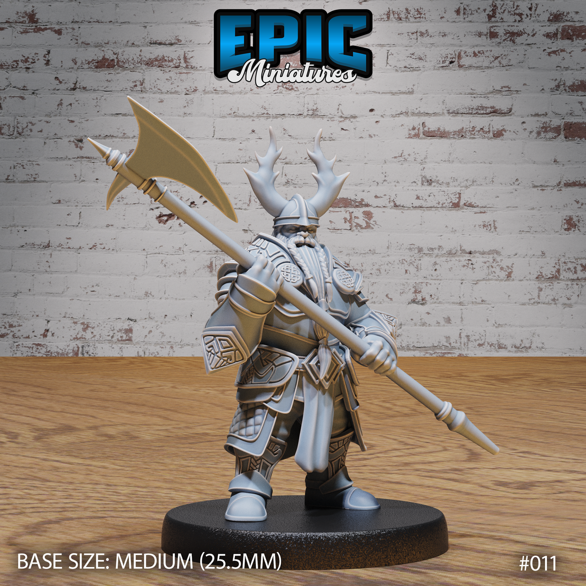 Stocky armoured dwarf standing with a long halberd resting across one shoulder, wearing an antlered helm and knotwork plate armour with quilted faulds. Sculpt by Epic Miniatures.