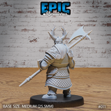 Armoured dwarf seen from behind, braided hair visible beneath an antlered helm, halberd raised over the right shoulder, detailed pauldrons with knotwork medallions. Sculpt by Epic Miniatures.