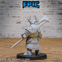 Armoured dwarf seen from behind, braided hair visible beneath an antlered helm, halberd raised over the right shoulder, detailed pauldrons with knotwork medallions. Sculpt by Epic Miniatures.