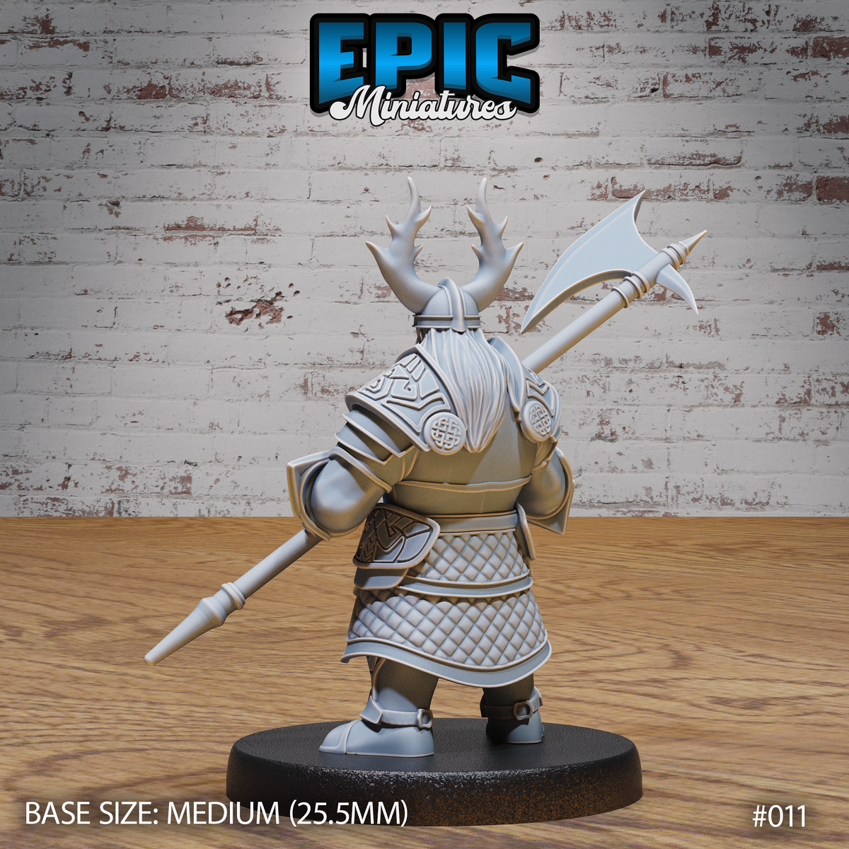 Armoured dwarf seen from behind, braided hair visible beneath an antlered helm, halberd raised over the right shoulder, detailed pauldrons with knotwork medallions. Sculpt by Epic Miniatures.