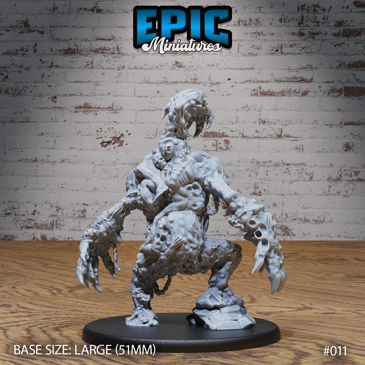 Limb Golem miniature by Epic Miniatures — rearing with one leg raised, writhing mass of fused limbs and puckered flesh visible from behind, elongated claw-tipped arms outstretched, on a 51mm scenic base.