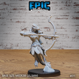 Lizardfolk archer in layered plate armour, longbow fully drawn and levelled, crested reptilian head sighted along the arrow, one leg raised with clawed foot on a rocky base. Sculpt by Epic Miniatures.