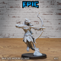 Lizardfolk archer in layered plate armour, longbow fully drawn and levelled, crested reptilian head sighted along the arrow, one leg raised with clawed foot on a rocky base. Sculpt by Epic Miniatures.