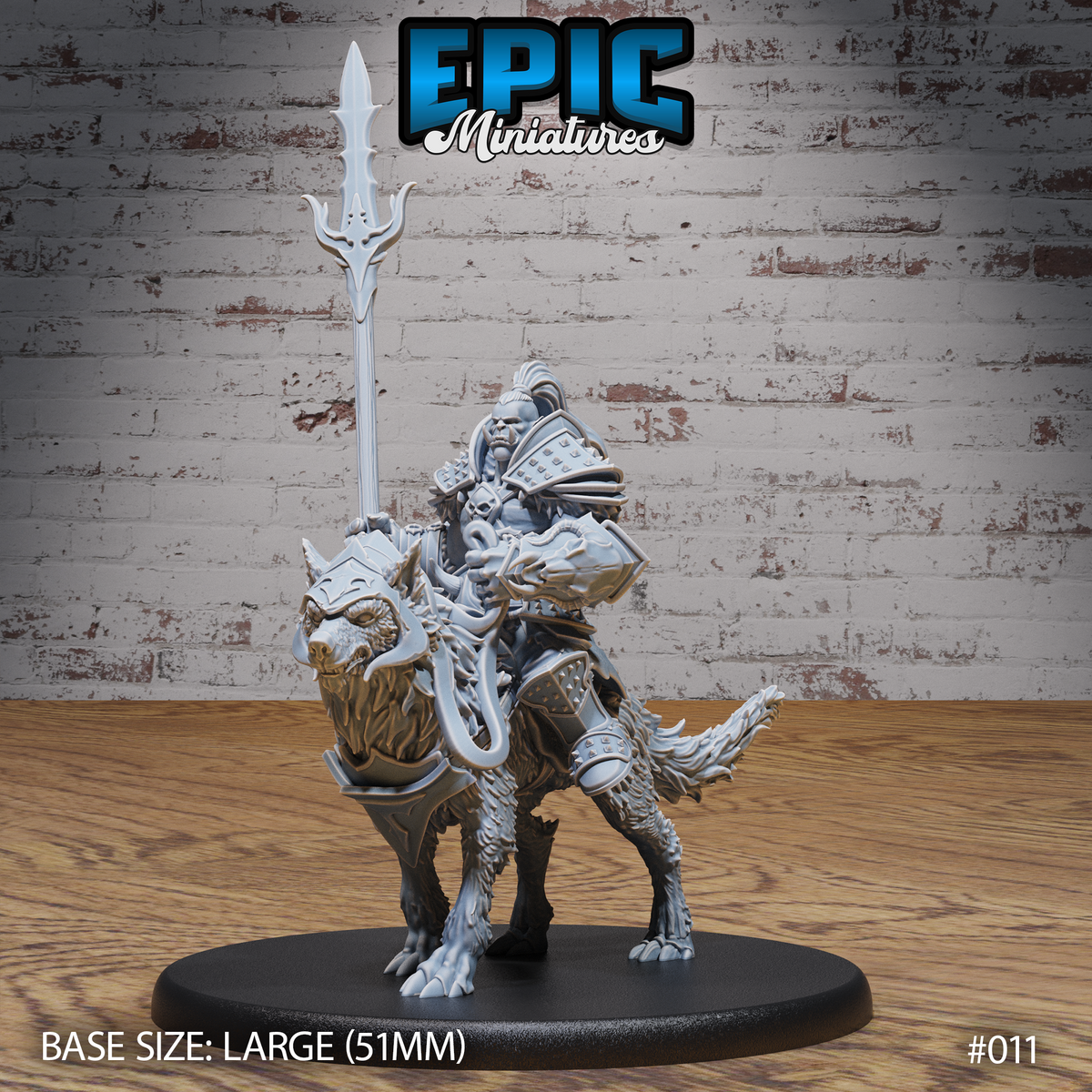 Armoured orc astride a war-wolf with an iron chanfron, holding a tall forked spear upright; studded plate armour, skull trophy at the saddle, mounted on a large 51mm round base. Sculpt by Epic Miniatures.