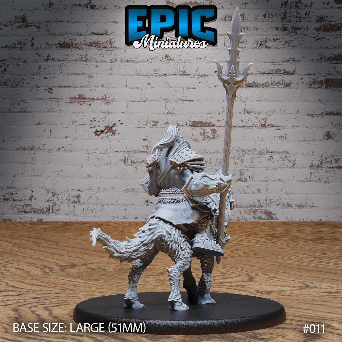 Orc wolf rider viewed from behind, showing flowing hair, layered pauldrons, belted cloth skirts, and the war-wolf's thick shaggy fur and clawed hind legs; tall forked spear rising high on the right. Sculpt by Epic Miniatures.