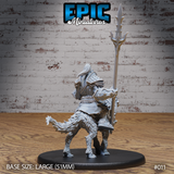 Orc wolf rider viewed from behind, showing flowing hair, layered pauldrons, belted cloth skirts, and the war-wolf's thick shaggy fur and clawed hind legs; tall forked spear rising high on the right. Sculpt by Epic Miniatures.