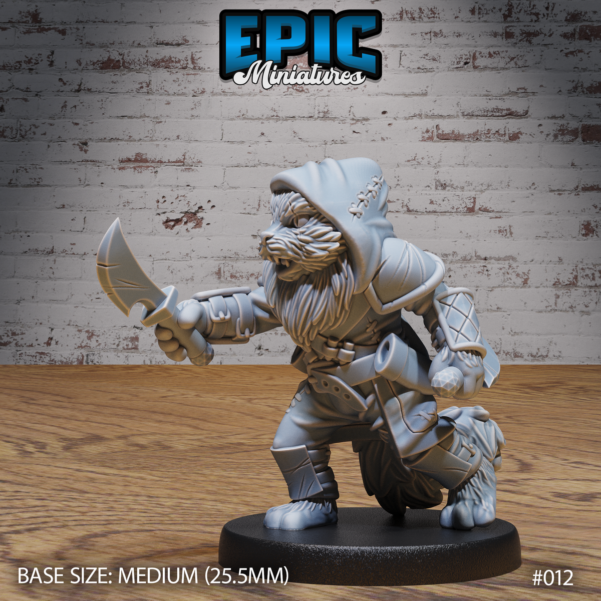Crouching catfolk rogue with a curved blade extended forward in one hand, snarling open-mouthed face framed by a deep hood and wild beard, wearing quilted armour and a knotted fur cloak. Sculpt by Epic Miniatures.