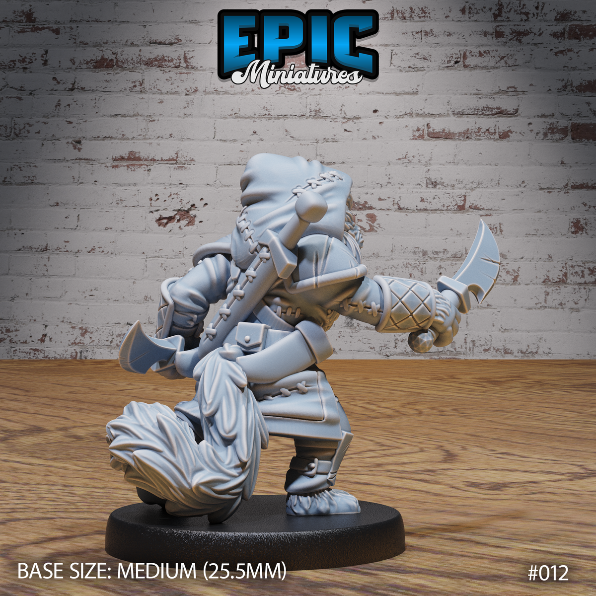 Catfolk rogue viewed from behind, deep hood and heavy rope-laced cloak visible, curved blade held to one side, flowing tail sweeping low, quilted shoulder armour and bracers detailed with cross-hatched stitching. Sculpt by Epic Miniatures.