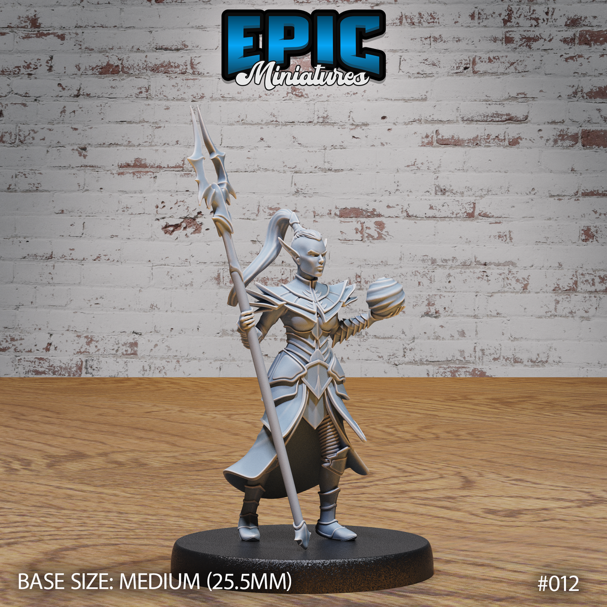 Female dark elf sorceress miniature facing forward, raising a long barbed spear overhead, wearing layered plate armour with feathered pauldrons and a flowing tabard, hair tied in a high ponytail. Sculpt by Epic Miniatures.