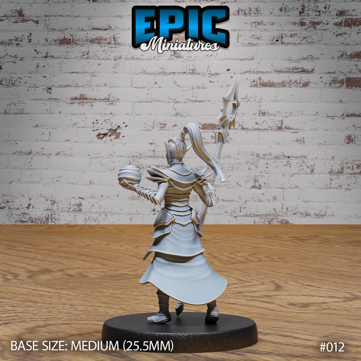 Female dark elf sorceress miniature seen from behind, spear raised, showing detailed backplate armour, layered pauldrons, and a wide flowing tabard. Hair trails in a high ponytail. Sculpt by Epic Miniatures.